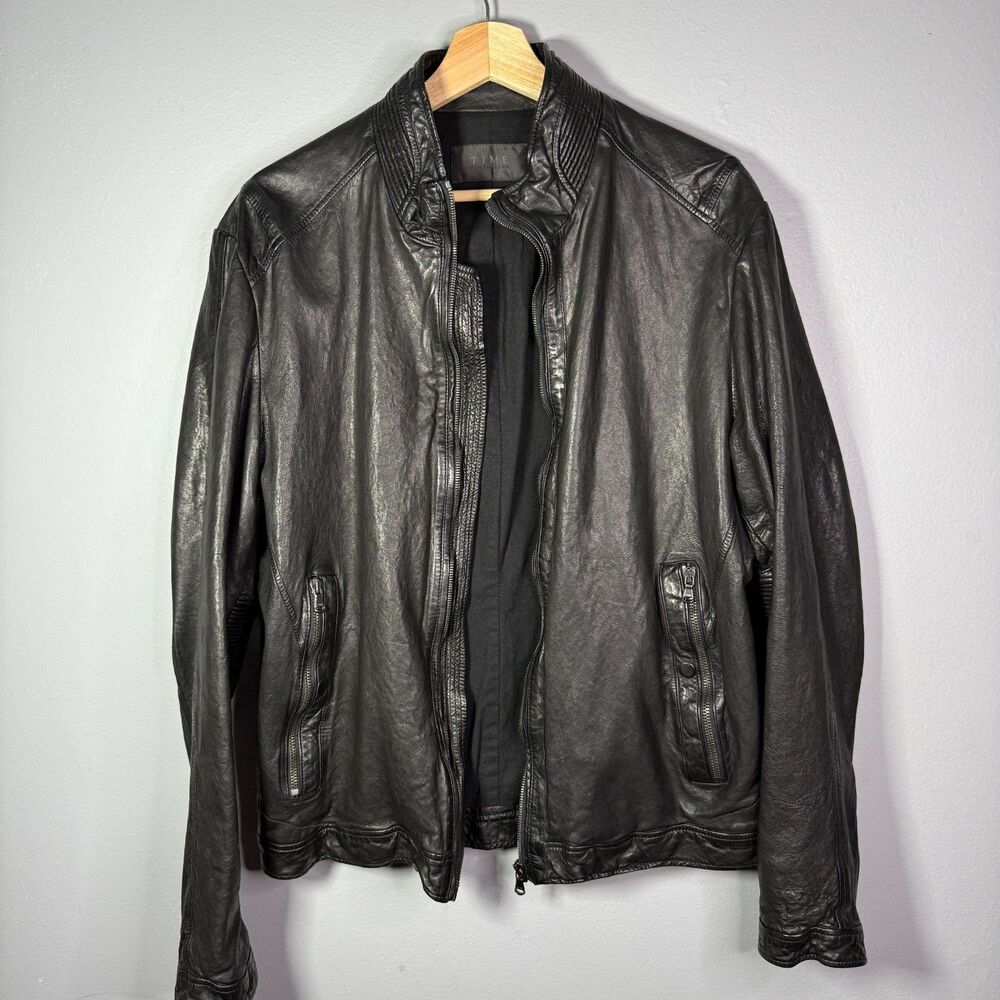 TIME Postmodern Genuine Lambskin Leather Jacket Mens L Black Moto Korean